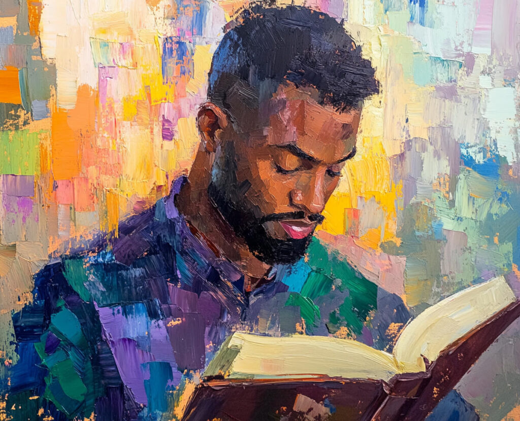 Christian author reading and praying over book, impressionist style