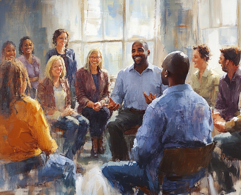 Christian writers sharing genuine connection, impressionist painting