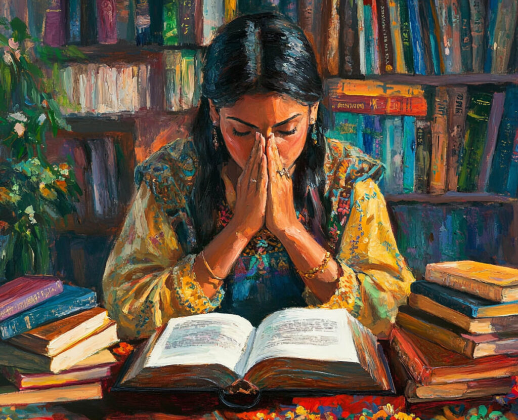 Christian author praying over writing and study materials, impressionist style