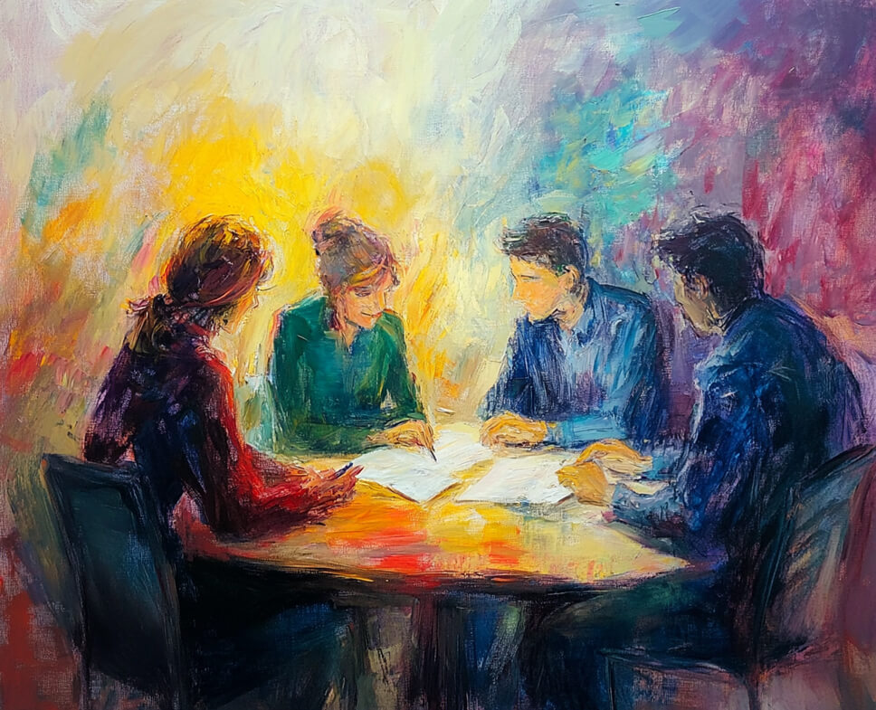 Christian writers working together for ideas, impressionist painting