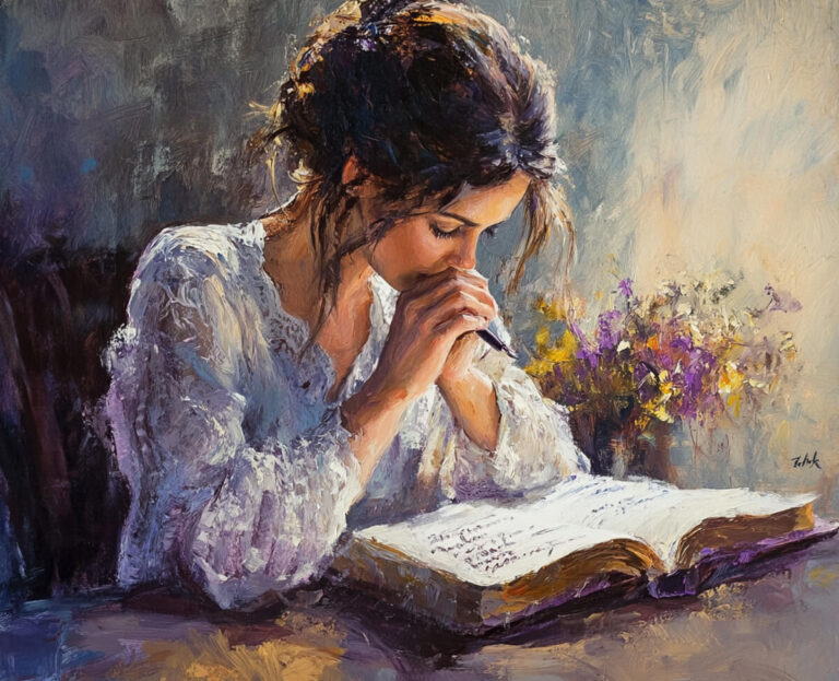 Christian writer praying over her work in the writing process