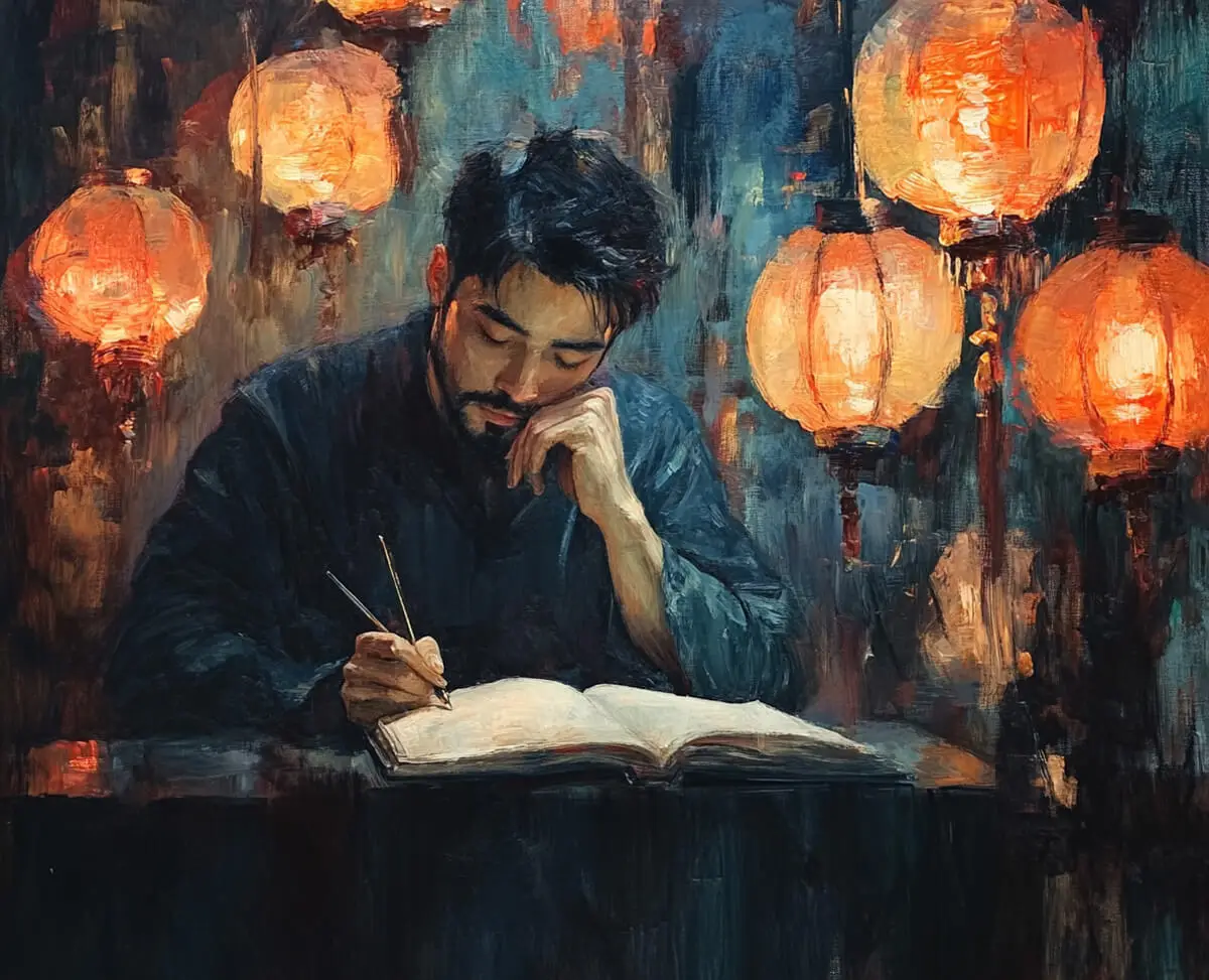 Christian writer rewriting a draft beneath beautifully lit lanterns