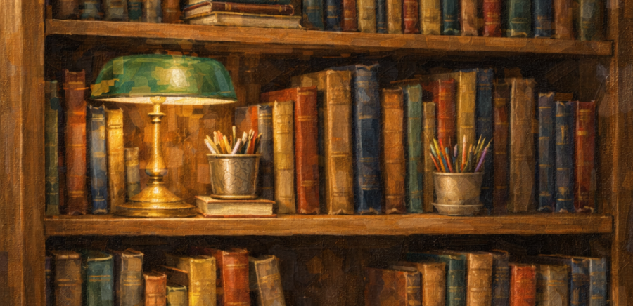 Bookshelf in a warmly lit library.