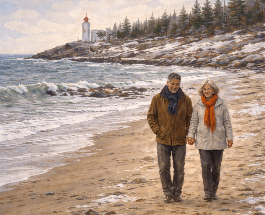 Couple walking together along a winter beach.