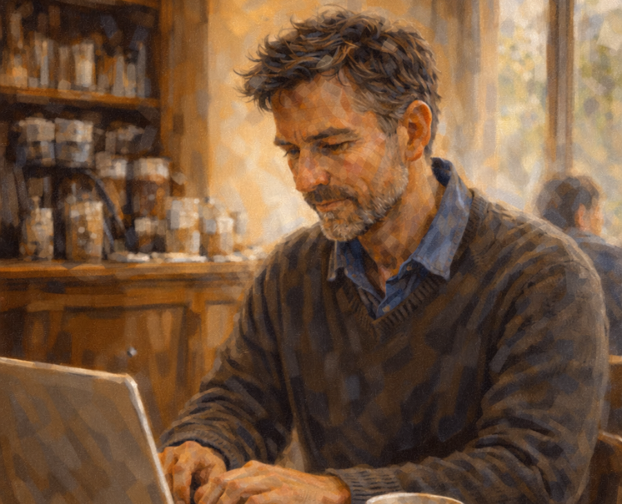 Man working on a laptop in a coffee shop.