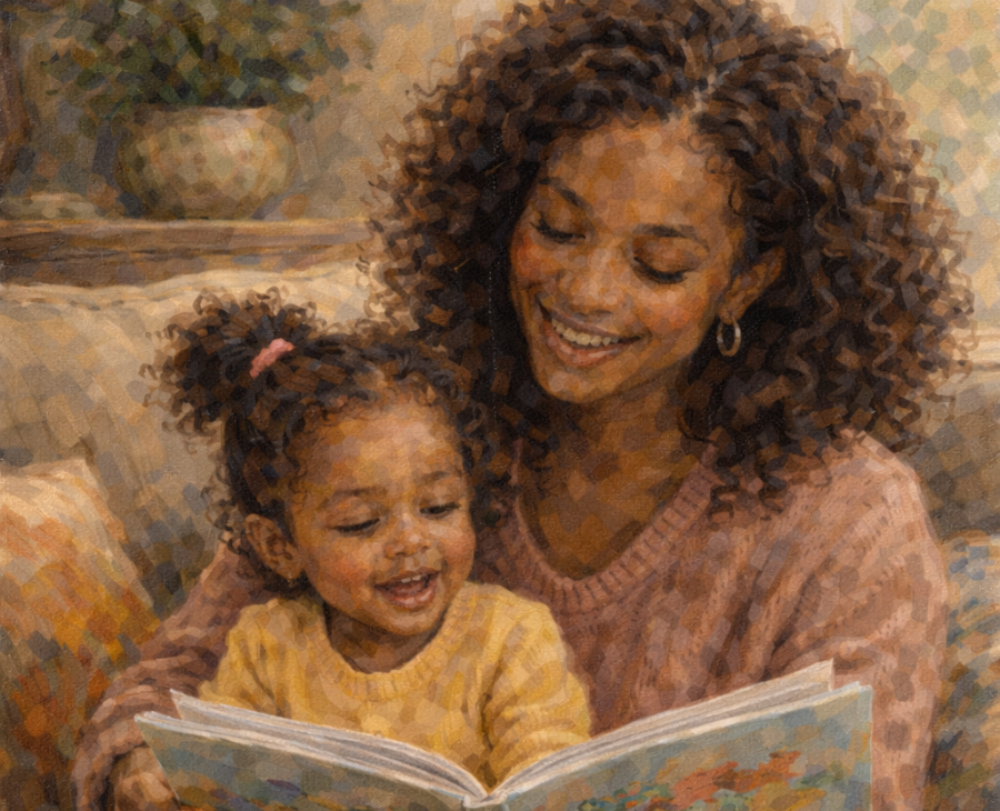 Mother reading a book to her daughter.