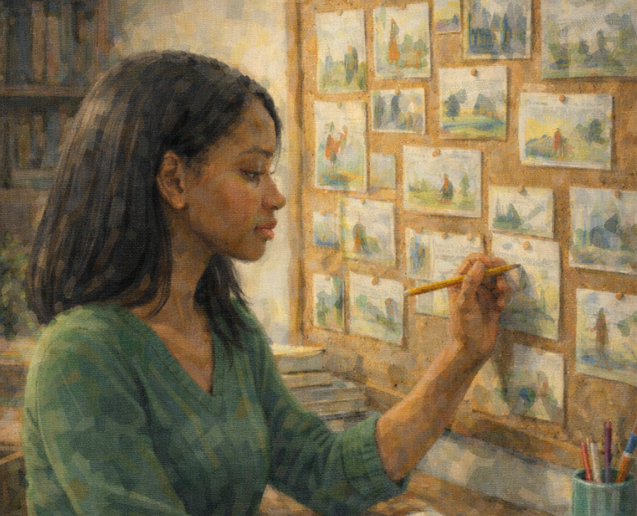 Woman working on a storyboard at a desk.