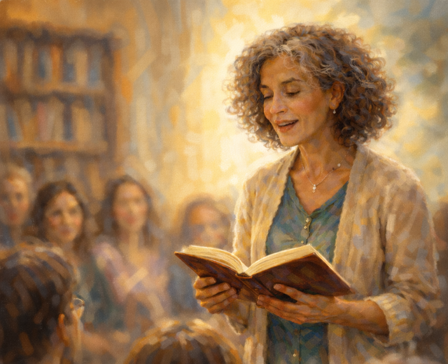 Woman reading aloud to an audience in warm light.