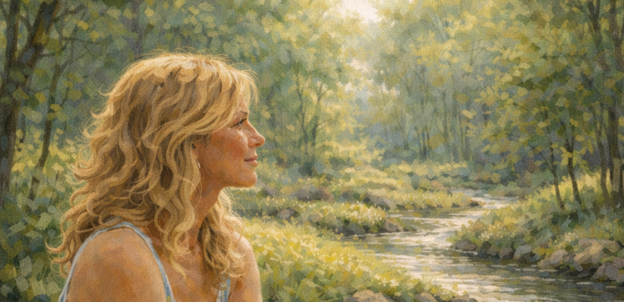 Woman sitting by a stream in quiet reflection.