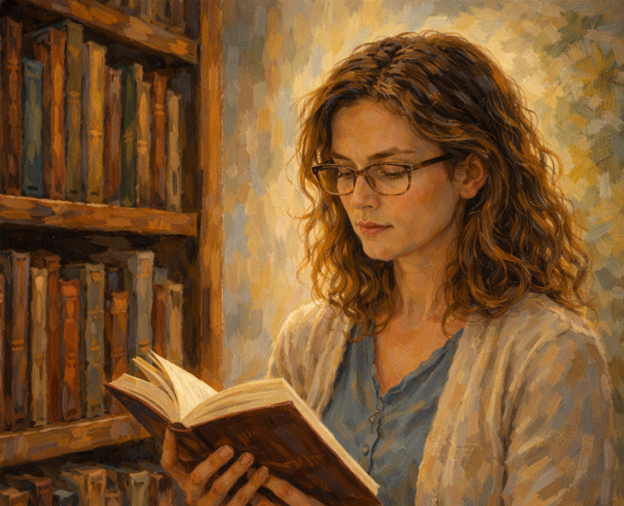 Woman reading a book beside a bookshelf.